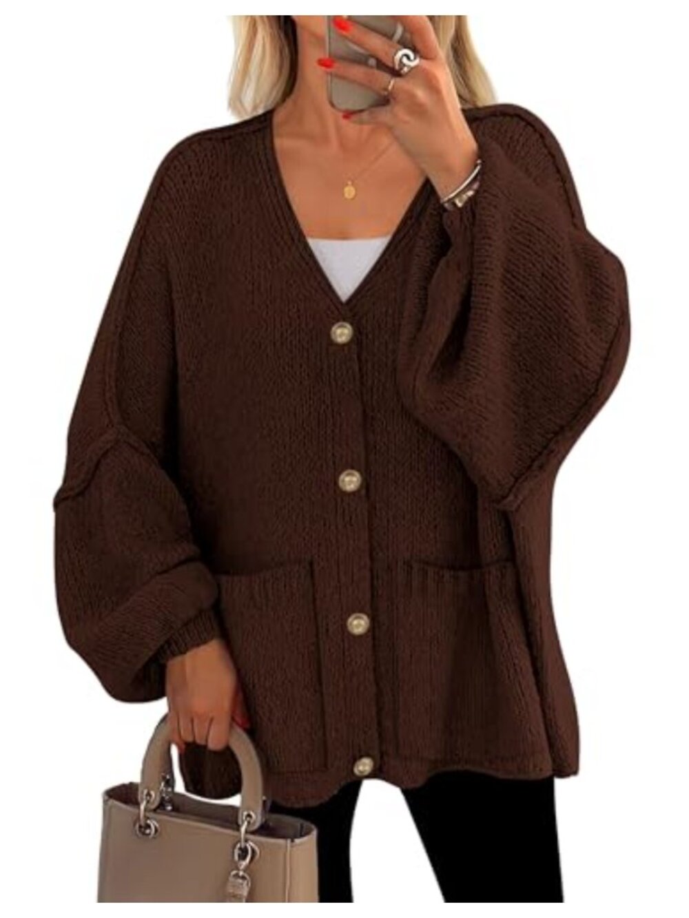 Oversized Chunky Knit Cardigan Sweater Lantern Sleeve